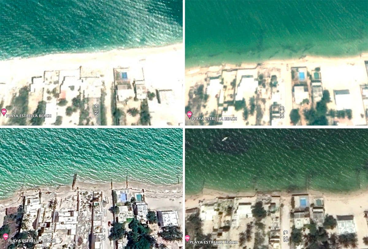 En el sentido de las manecillas del reloj: la calle 12 de Chelem, Progreso, en 2005, 2011, 2017 y 2023. Imágenes de Google Earth.